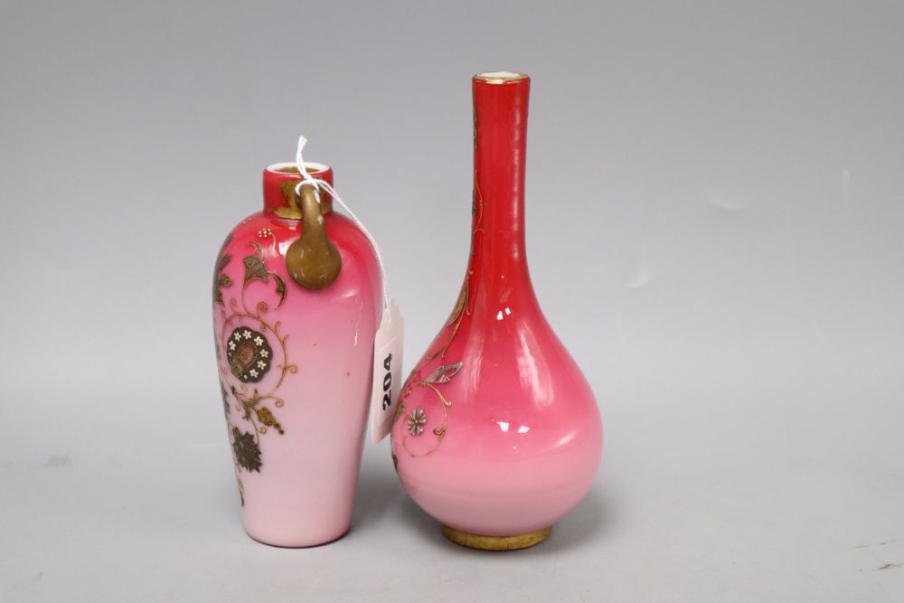 Two Bohemian gilt enamel pink glass vases, possibly Moser, tallest 18cm